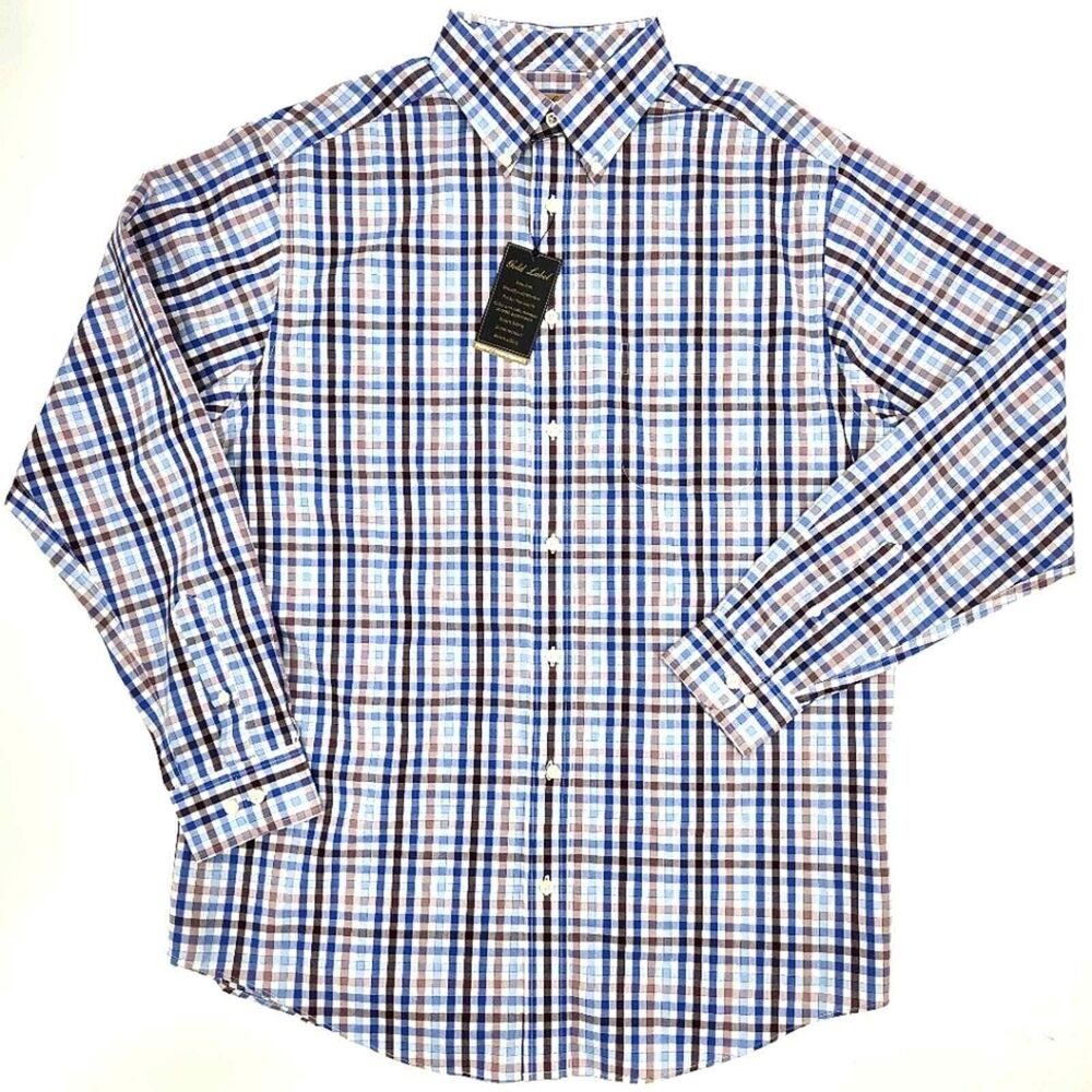 Gold Label Perfect Performance Non-Iron Button Up Plaid Shirt Tall Man Large